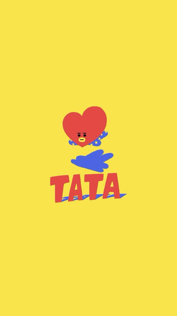 BT21 桌布 壁紙 — 一個紅色心形角色，有藍色翅膀和驚訝的表情，漂浮在亮黃色背景上的「TATA」一詞上方。