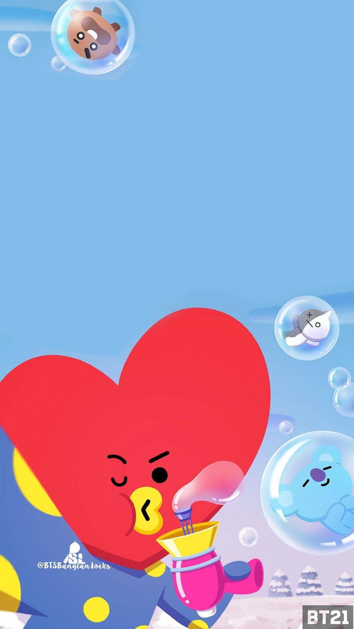 BT21 桌布 壁紙 — 一個紅色心形角色在明亮的藍天下吹出帶有卡通動物在內的泡泡。