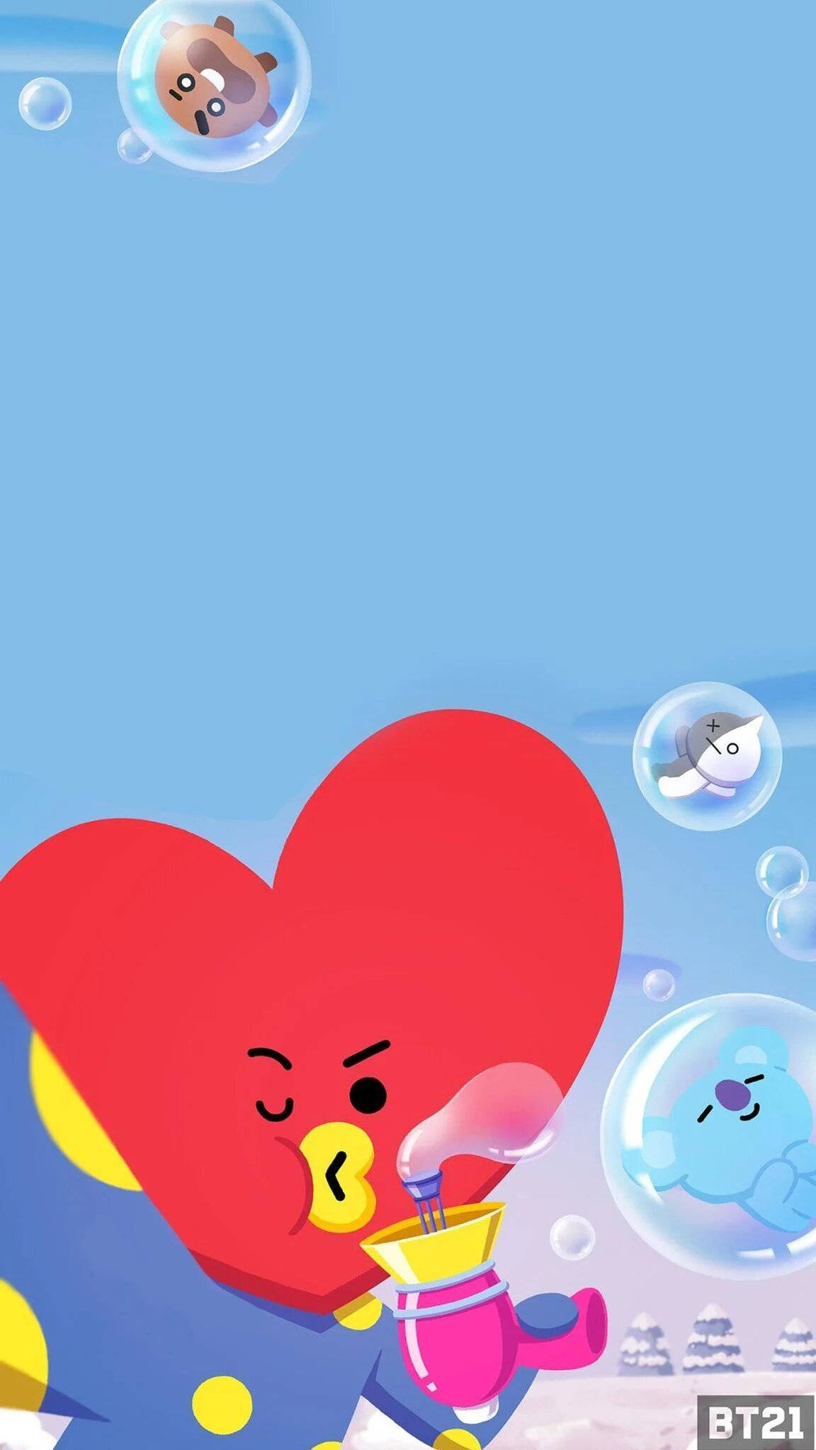 塔塔 BT21 桌布 壁紙 — 一個紅色心形角色在明亮的藍天和雪景背景下吹出帶有卡通動物在內的泡泡。