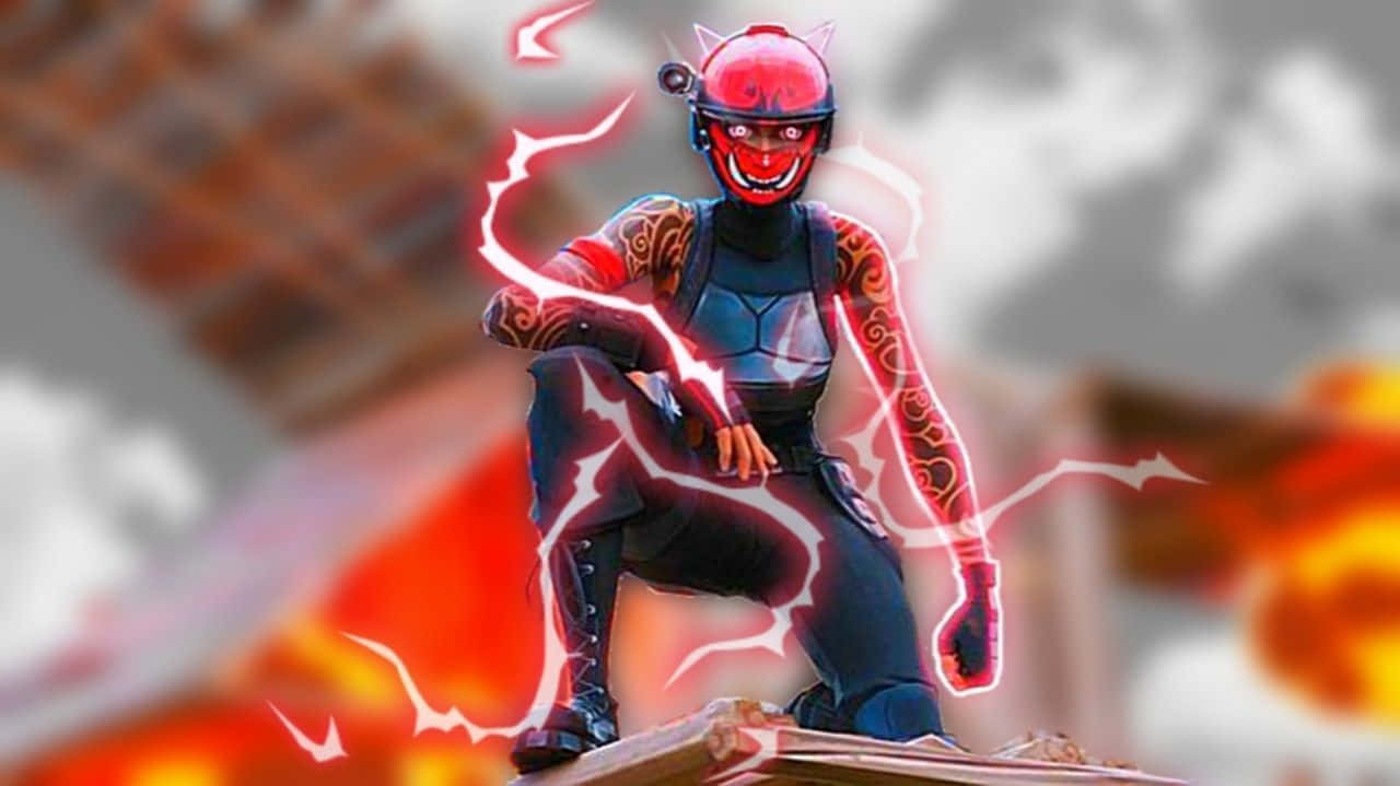 電力 桌布 壁紙 — 一個紅色惡魔主題的Fortnite角色蹲在屋頂上，周圍環繞著劈啪作響的閃電和熾熱的爆炸。