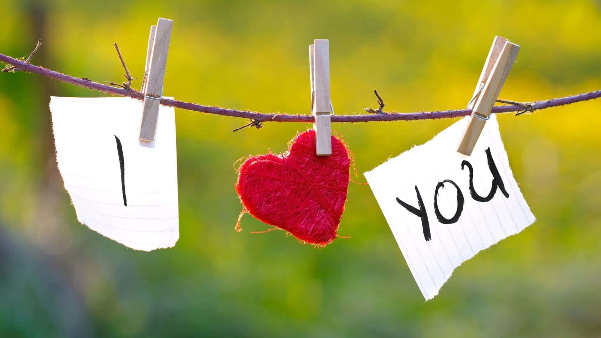 我愛你 桌布 壁紙 — 一個紅色毛線心形和手寫的「I love you」字條，用木衣夾掛在一條多刺的樹枝上，背景是柔和的綠色和黃色模糊效果。