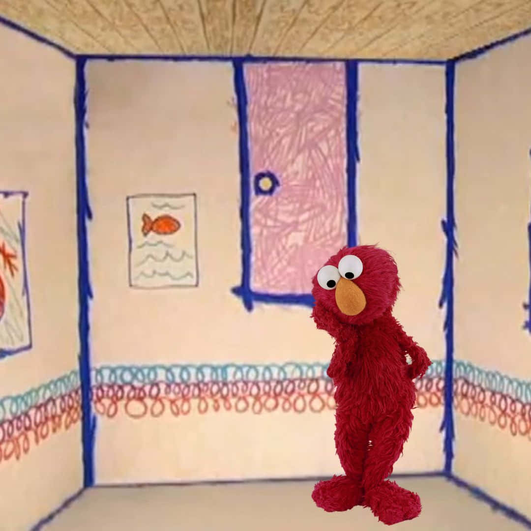 Elmo 桌布 壁紙 — 一個紅色毛茸茸的 Elmo 公仔站在一個用蠟筆畫的兒童風格房間裡，有魚的海報和塗鴉牆壁。