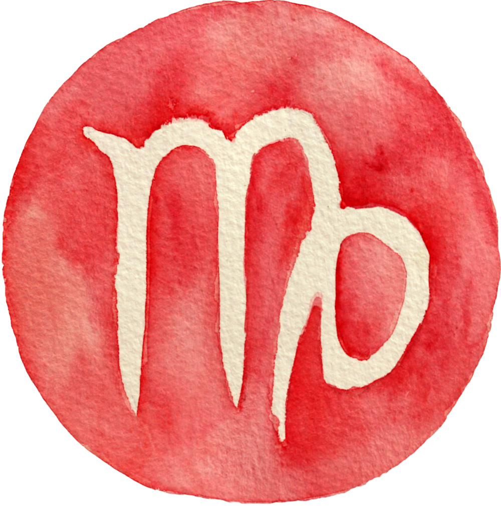 Virgo 桌布 壁紙 — 一個紅色水彩圓圈，中央有一個白色的天蠍座占星符號，背景為黑色。