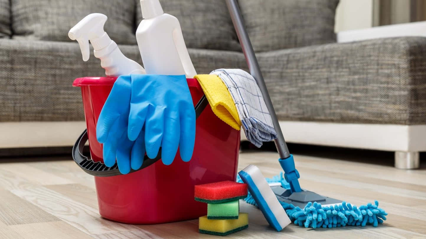 Cleaning 桌布 壁紙 — 一個紅色水桶裝滿清潔用品，放在木地板上，旁邊是灰色沙發。