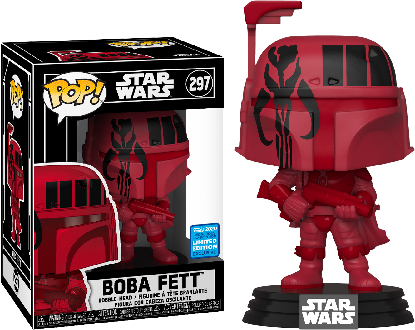 曼達洛人 桌布 壁紙 — 一個紅色波巴·費特 Funko Pop! 人偶站在其盒子旁邊，盒子上有曼達洛人標誌和「Limited Edition」標籤。