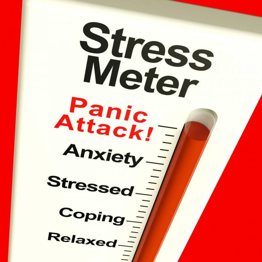 Panic 桌布 壁紙 — 一個紅色液體壓力計顯示「恐慌發作！」指針越過焦慮和壓力水平上升。