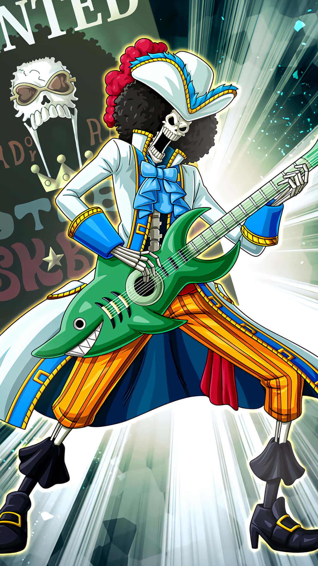 Brook 桌布 壁紙 — 一個紅色爆炸頭、戴白帽的骷髏海盜，在動態星爆背景下彈奏綠色鯊魚吉他。