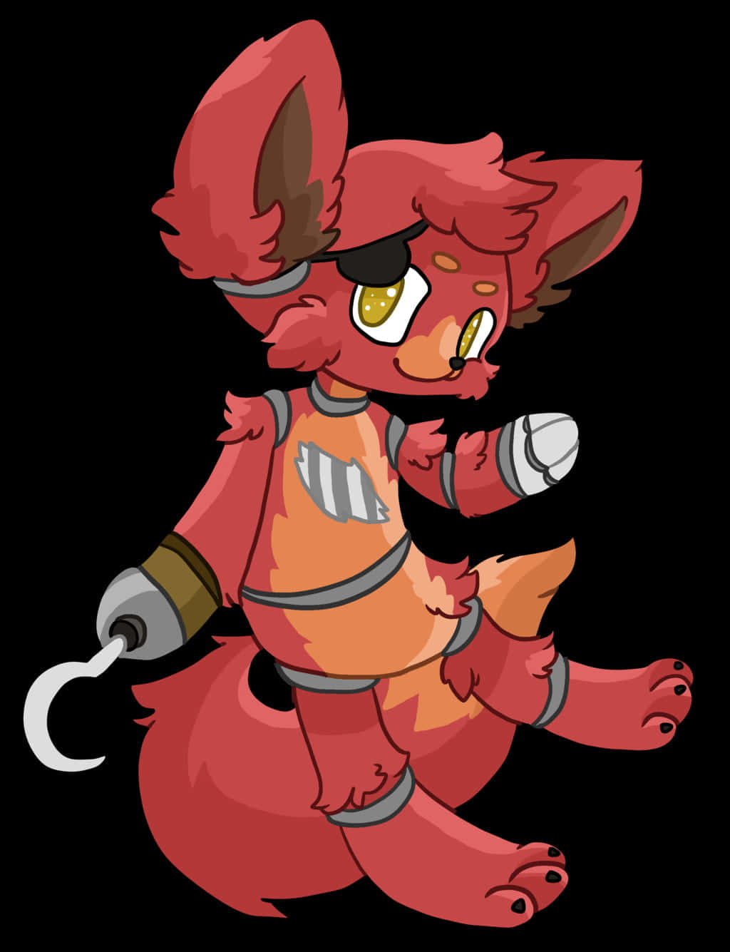 Foxy The Pirate 桌布 壁紙 — 一個紅色狐狸般的動漫角色，帶有鉤臂和眼罩，在黑色背景前自信地擺姿勢。