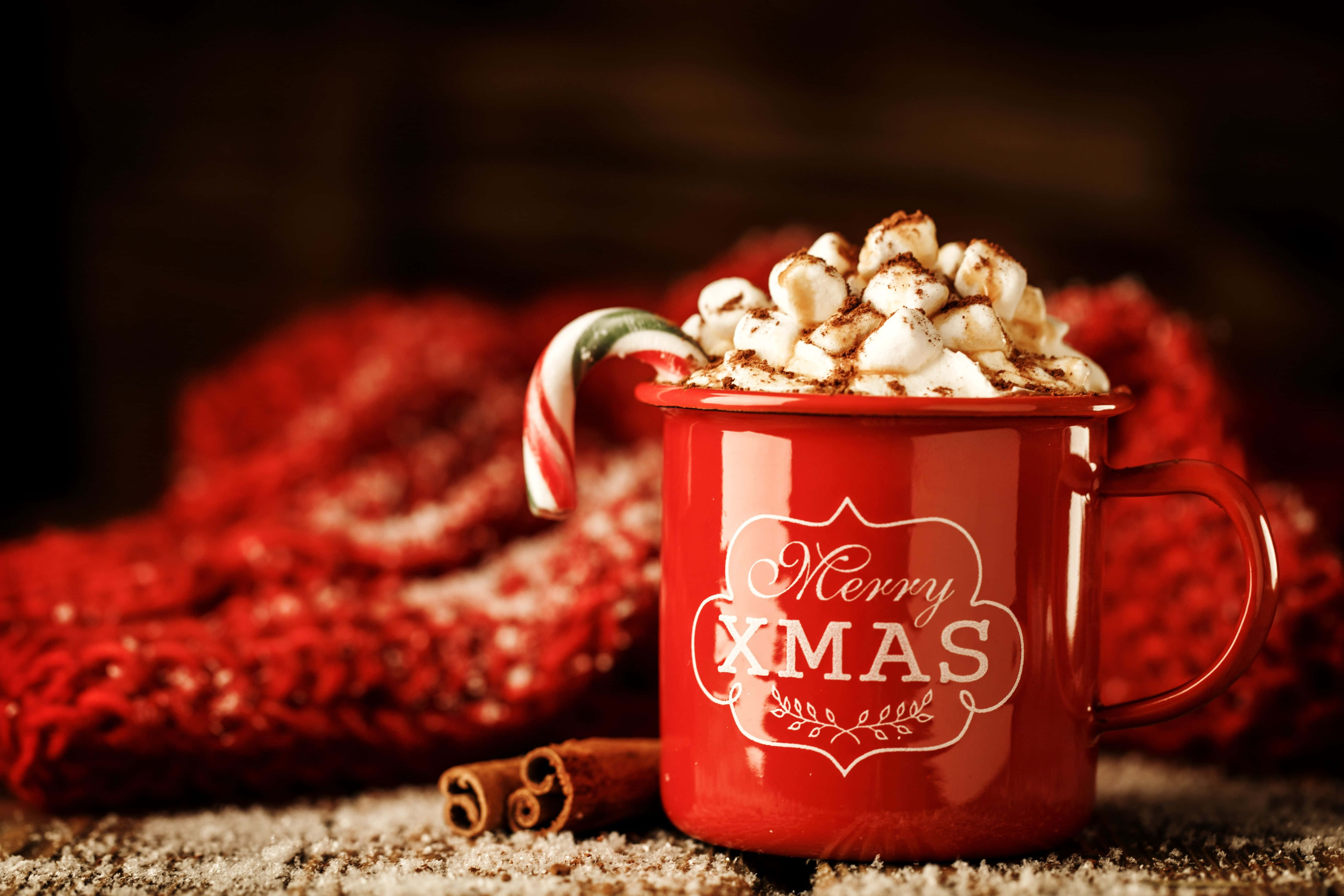 Hot Chocolate 桌布 壁紙 — 一個紅色琺瑯杯裝滿熱可可，上面放有棉花糖和肉桂棒，旁邊有一根拐杖糖和一條紅色針織圍巾。