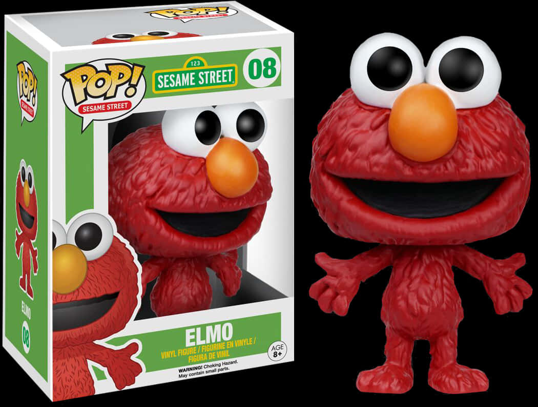 Elmo 桌布 壁紙 — 一個紅色的 Elmo Funko Pop! 乙烯基公仔站在其綠色和白色包裝旁邊，背景為黑色。