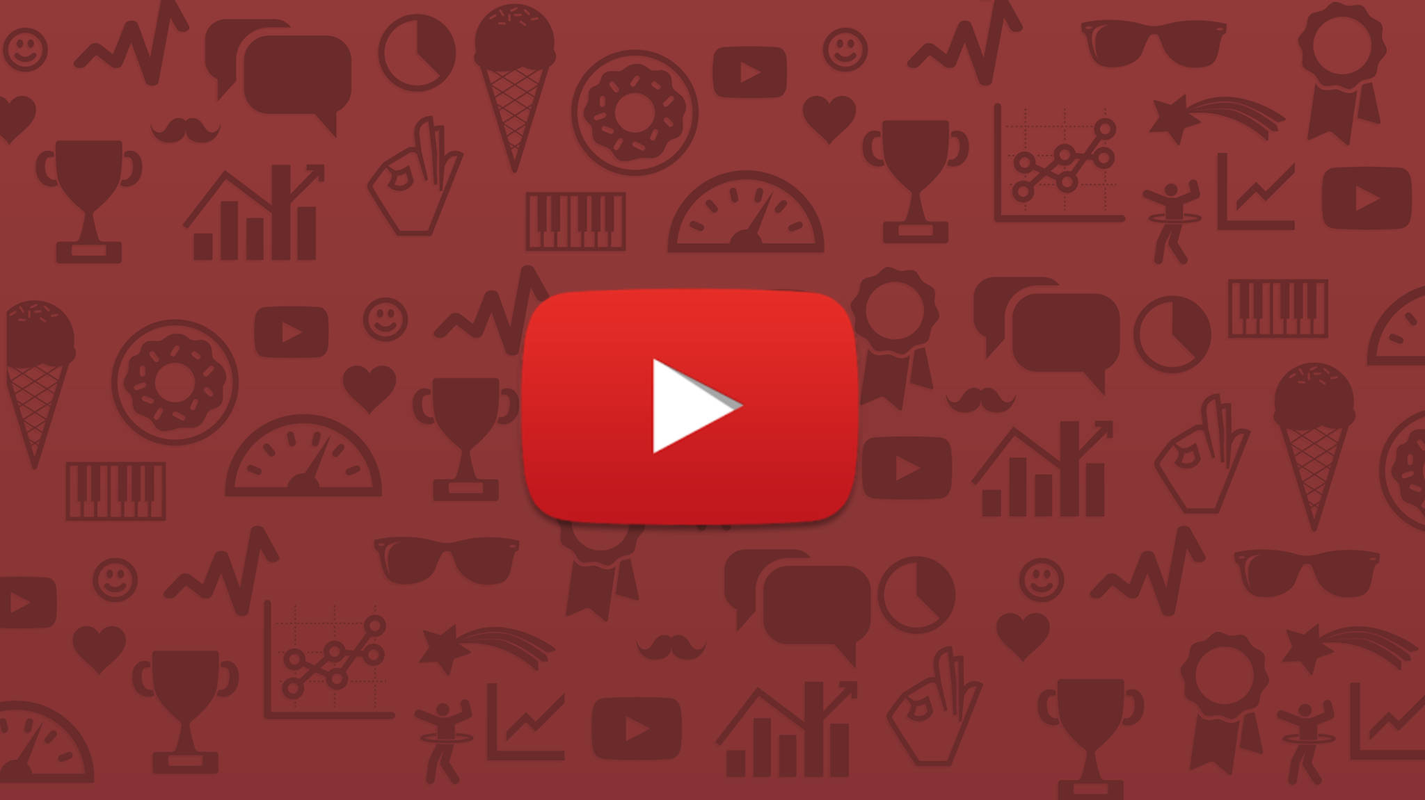 YouTube 桌布 壁紙 — 一個紅色的 YouTube 播放按鈕，居中在一個充滿獎盃、圖表和冰淇淋模糊圖標的栗色背景上。
