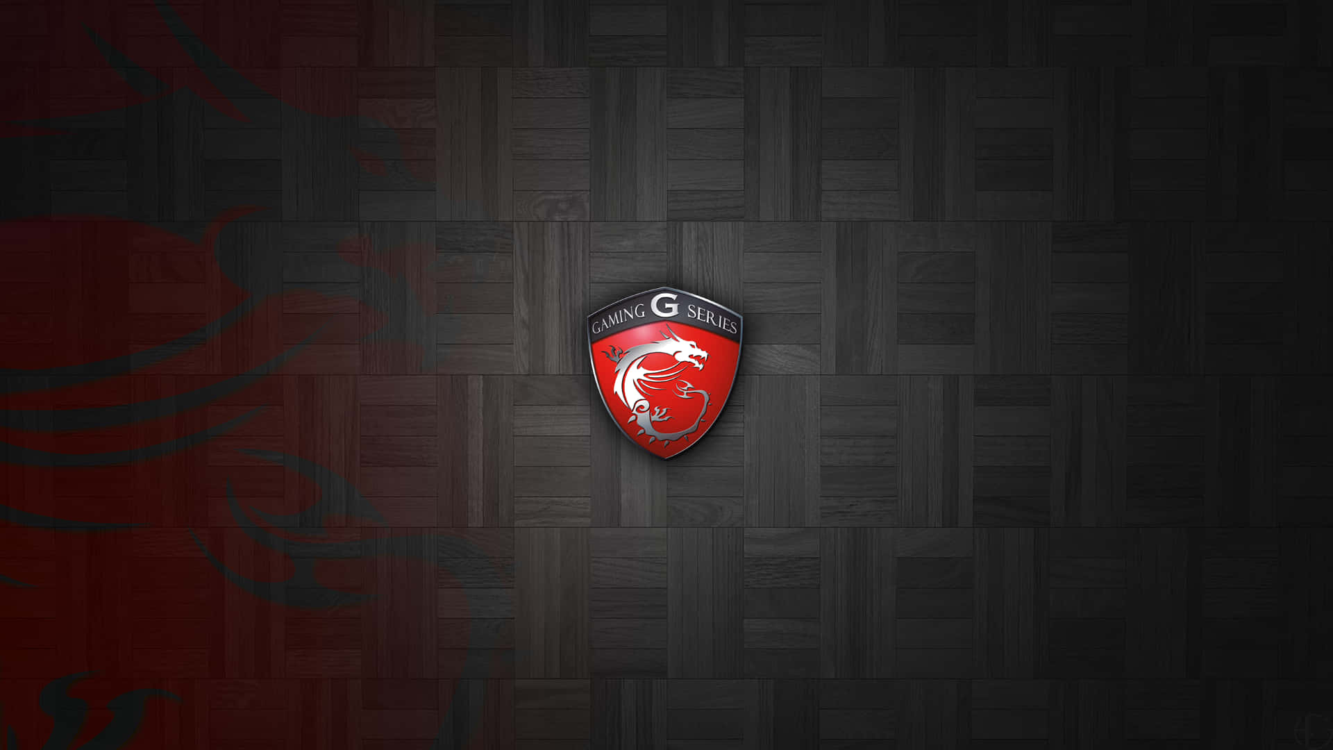 微星 桌布 壁紙 — 一個紅色的MSI Gaming G Series龍標誌，置中在深色木地板上，背景有隱約的紅色龍剪影。