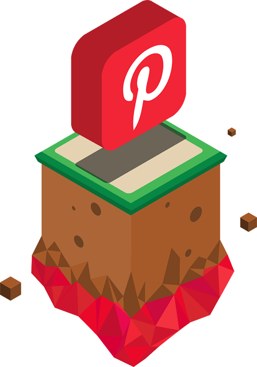 Pinterest 桌布 壁紙 — 一個紅色的Pinterest標誌圖示位於一個風格化的等距地球方塊上，帶有綠色草地和紅色多邊形底座。