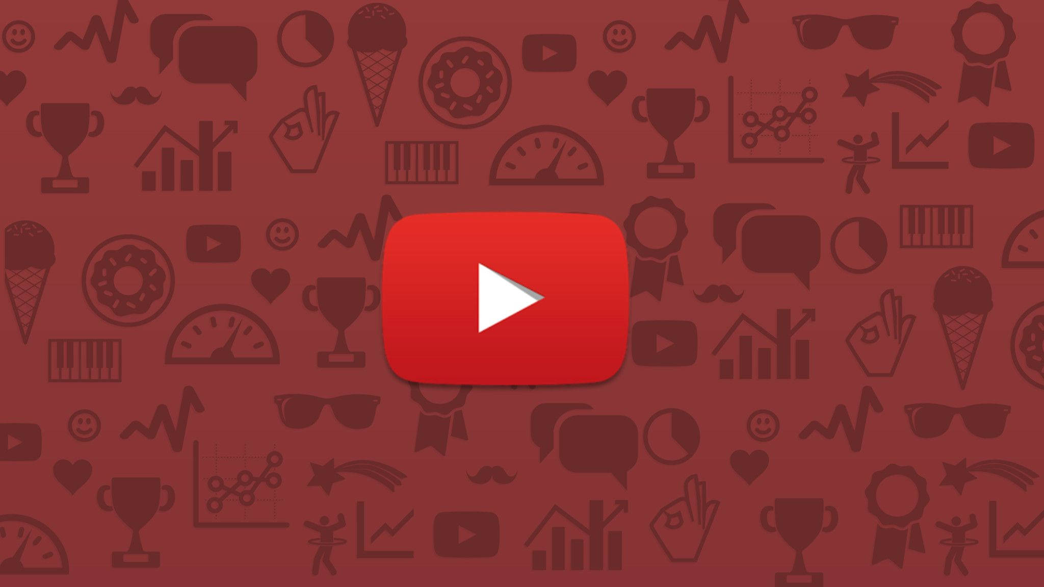 標誌 桌布 壁紙 — 一個紅色的YouTube播放按鈕，置中在一個充滿微弱社交媒體和成就圖示的栗色背景上。