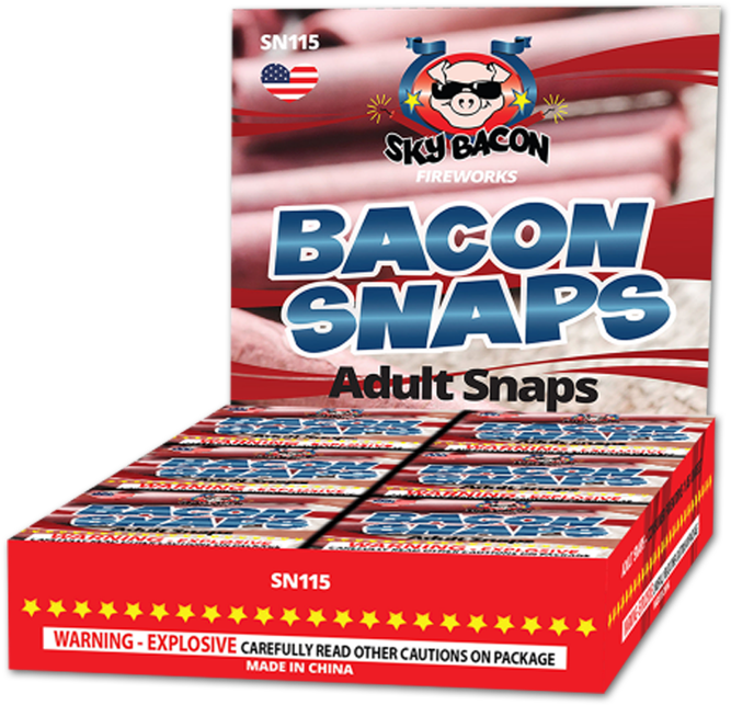 Snapchat 桌布 壁紙 — 一個紅色盒裝的 Sky Bacon Fireworks Bacon Snaps，帶有粗體藍色文字和卡通豬標誌，背景充滿愛國色彩。