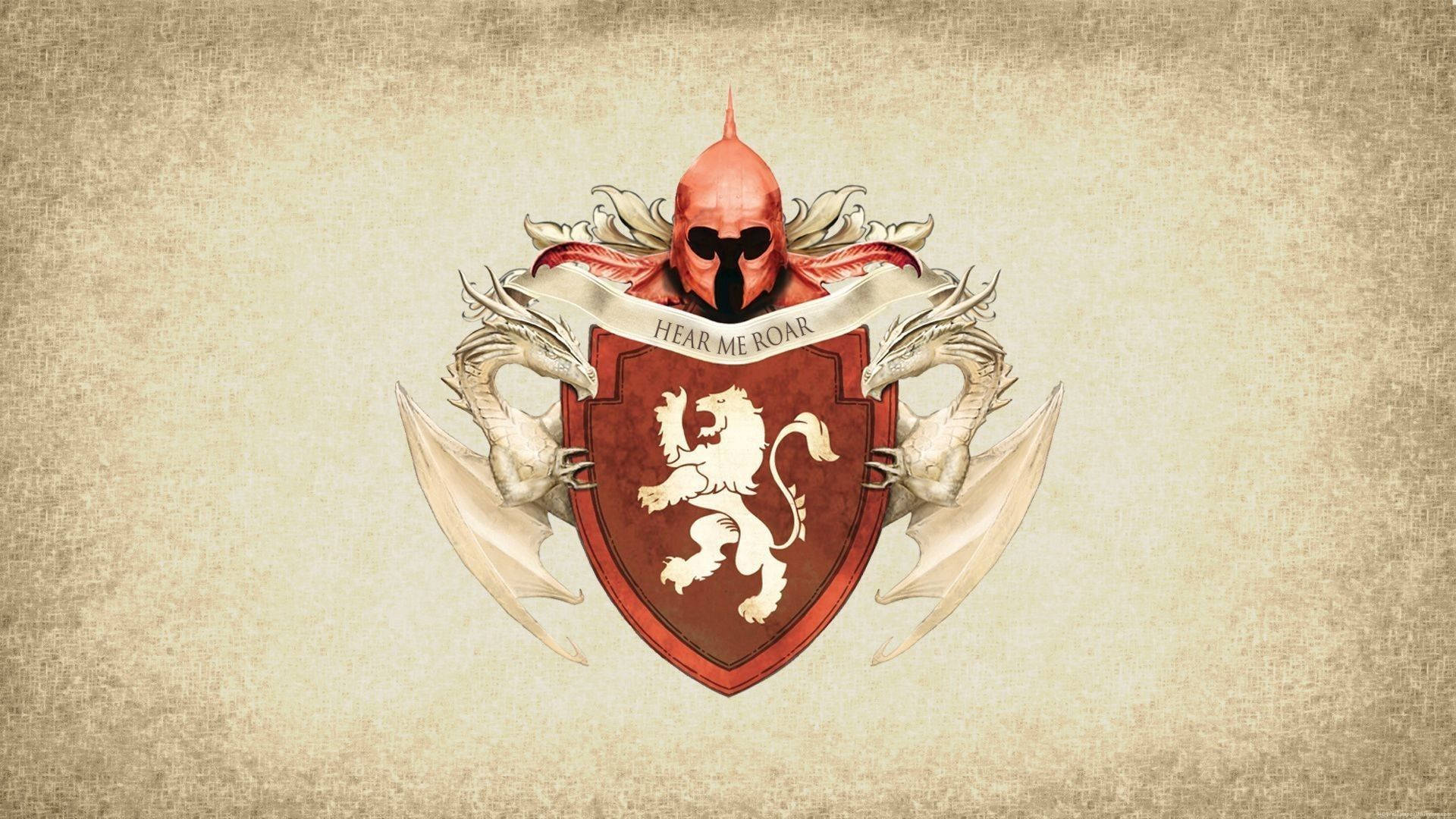 House Lannister 桌布 壁紙 — 一個紅色盾牌，上面有一隻白色躍立的獅子，兩側有兩條龍，頂部有一個頭盔，上面有一條寫著「hear me roar」的橫幅。