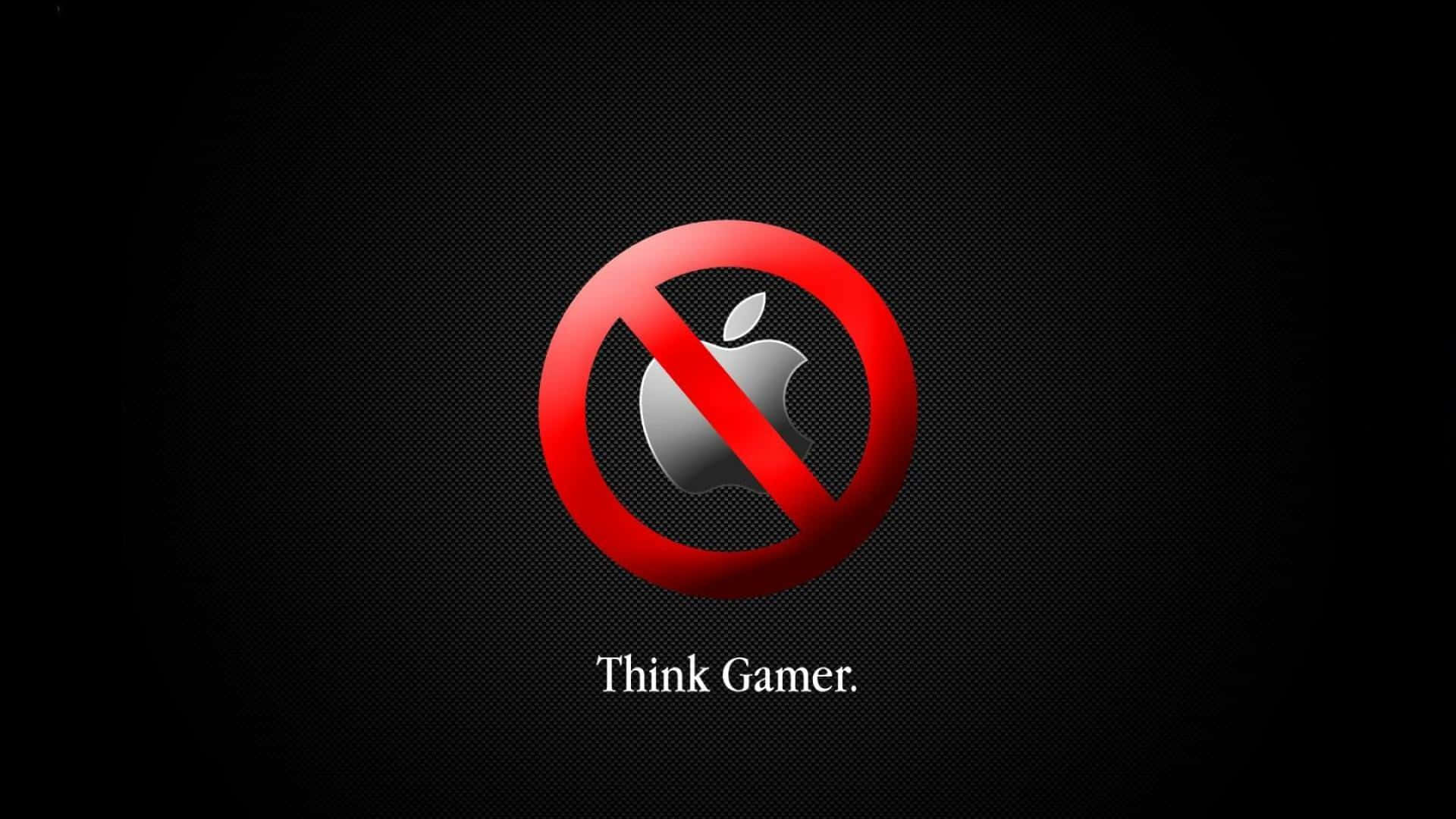 Funny Gaming 桌布 壁紙 — 一個紅色禁止標誌覆蓋在銀色Apple標誌上，背景為深色紋理，下方有文字Think Gamer。