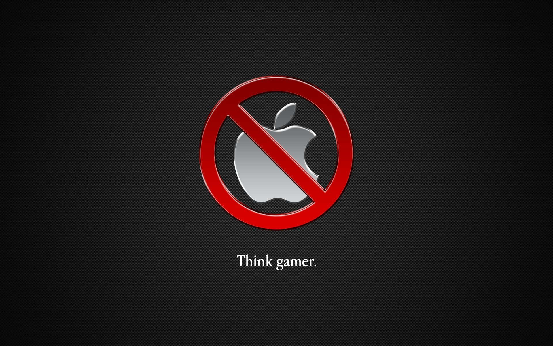 Cool Gaming 桌布 壁紙 — 一個紅色禁止符號覆蓋在銀色Apple標誌上，背景為深色紋理，並帶有文字「Think gamer.」