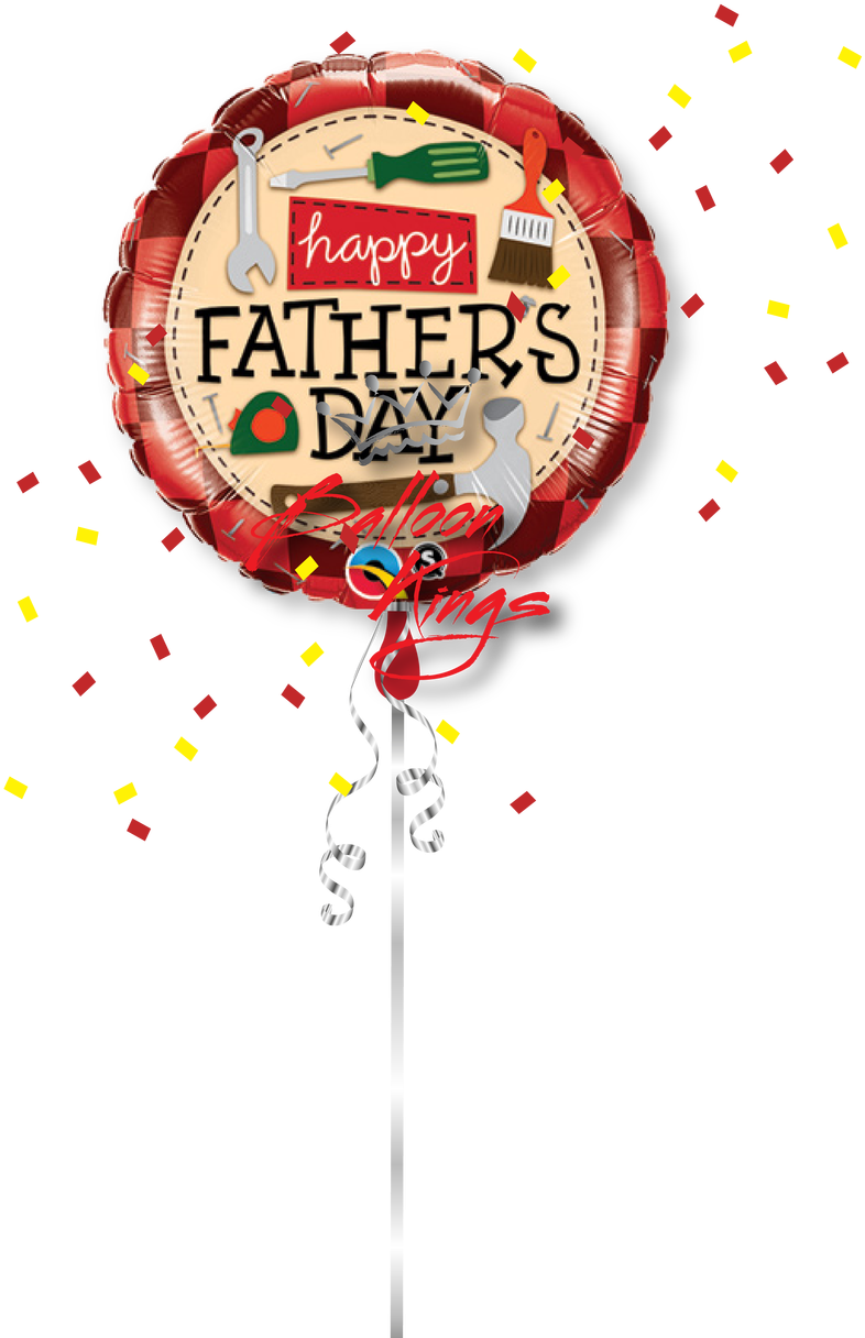 Happy Fathers Day 桌布 壁紙 — 一個紅色箔氣球，上面有工具和「happy fathers day」文字，在黑色背景上飄浮，周圍有紅色和黃色紙屑飄落。