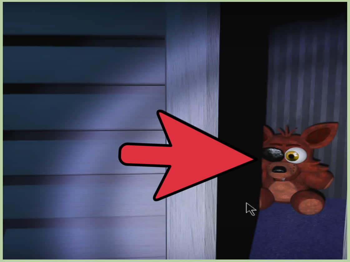 Five Nights At Freddys 桌布 壁紙 — 一個紅色箭頭指向一隻在昏暗房間門後窺視的棕色電子動畫狐狸。