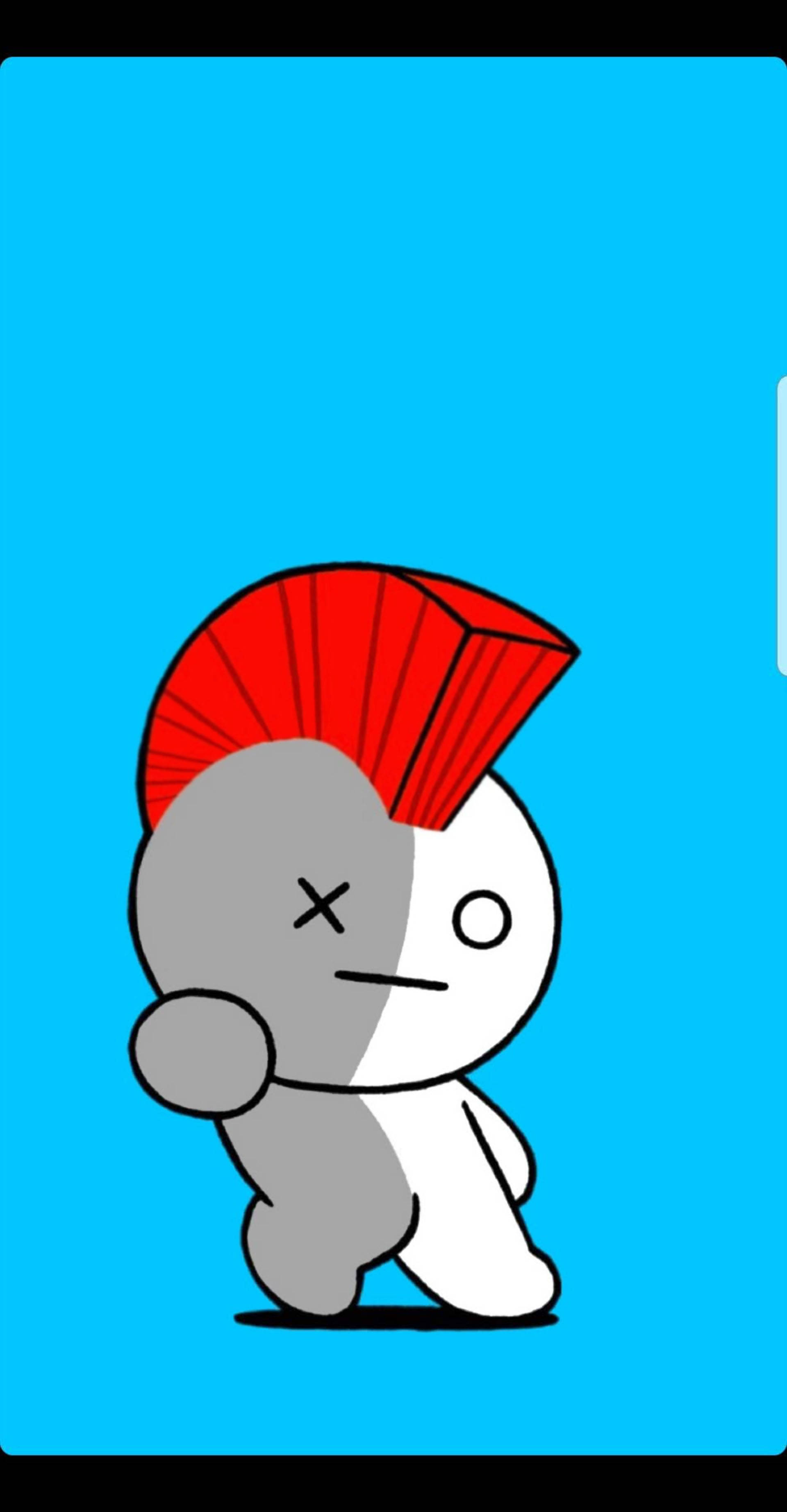 van bt21 桌布 壁紙 — 一個紅色莫西干頭、半灰半白身體的卡通角色站在明亮的藍色背景前。