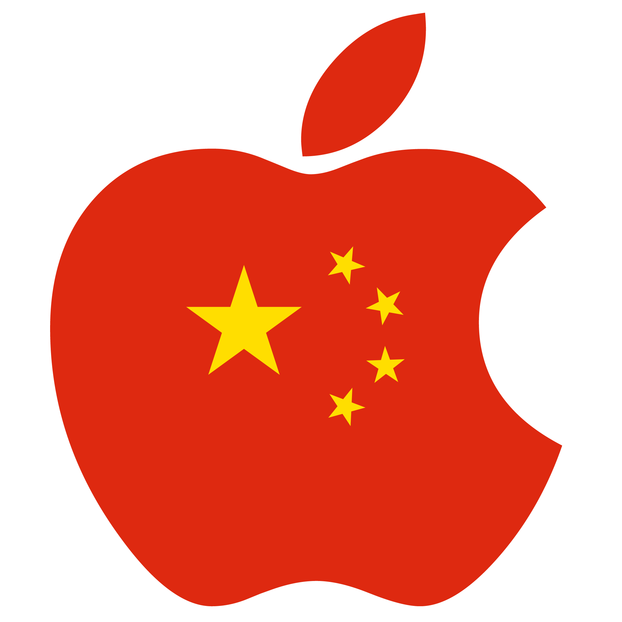 Mac 桌布 壁紙 — 一個紅色蘋果標誌，帶有咬痕和中國國旗星星，疊加在白色背景上。