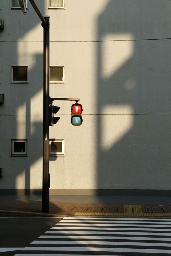 Minimalist Photography 桌布 壁紙 — 一個紅色行人交通燈在陽光明媚的城市行人穿越道上投下長長的影子，背景是一面樸素的建築牆壁。