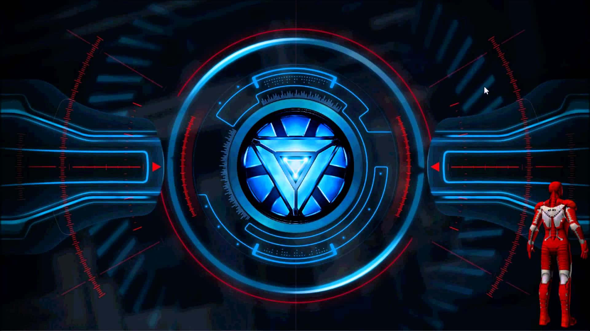 Iron Man Arc Reactor 桌布 壁紙 — 一個紅色裝甲人物站在一個發光的藍色和紅色圓形科幻介面前，帶有複雜的數位圖案。