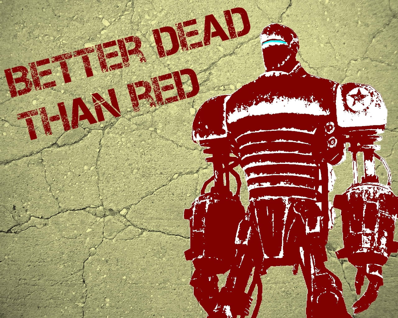 Liberty Prime 桌布 壁紙 — 一個紅色裝甲人物站在龜裂的大地上，粗體文字以粗糙的模板風格宣告「寧死不紅」。