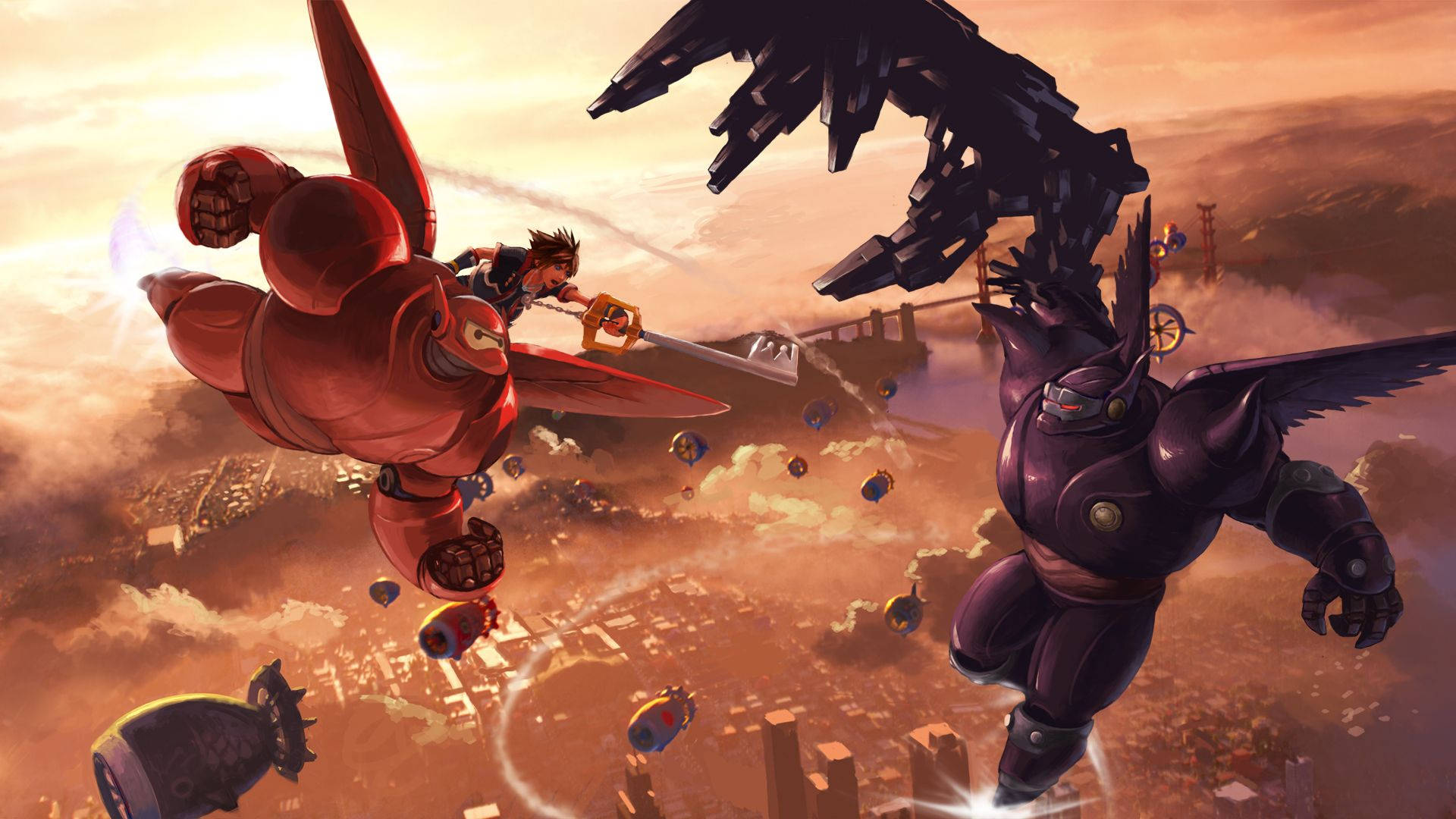 Kingdom Hearts 3 桌布 壁紙 — 一個紅色裝甲巨人和一個紫色裝甲巨人在日落時分的城市天際線上空中碰撞，爆炸和碎片飛舞。