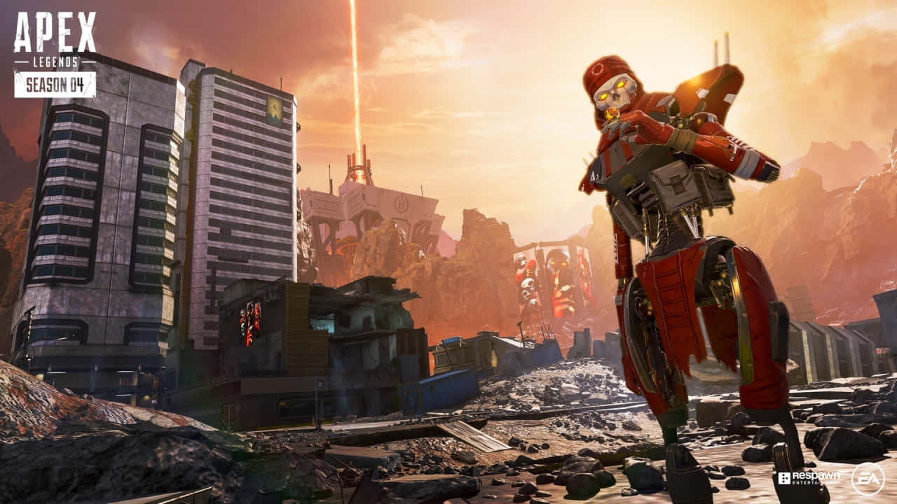 720p Apex Legends 桌布 壁紙 — 一個紅色裝甲機器人站在夕陽下破敗的未來城市景觀中，背景是高聳的摩天大樓和發光的建築物。