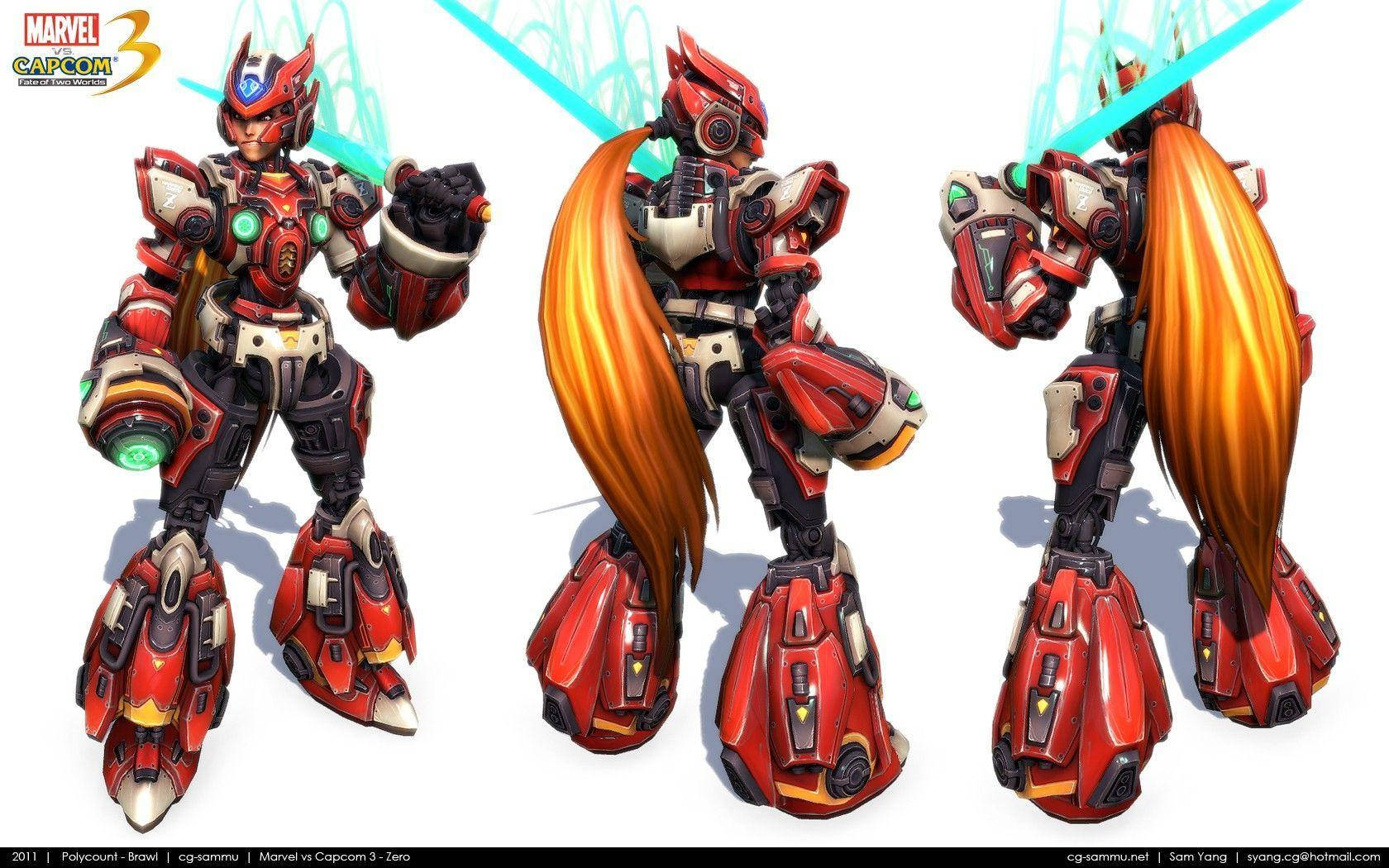 Capcom 桌布 壁紙 — 一個紅色裝甲的Marvel vs Capcom 3角色，長長橙色頭髮，在三個動態姿勢中揮舞著發光的藍色劍。