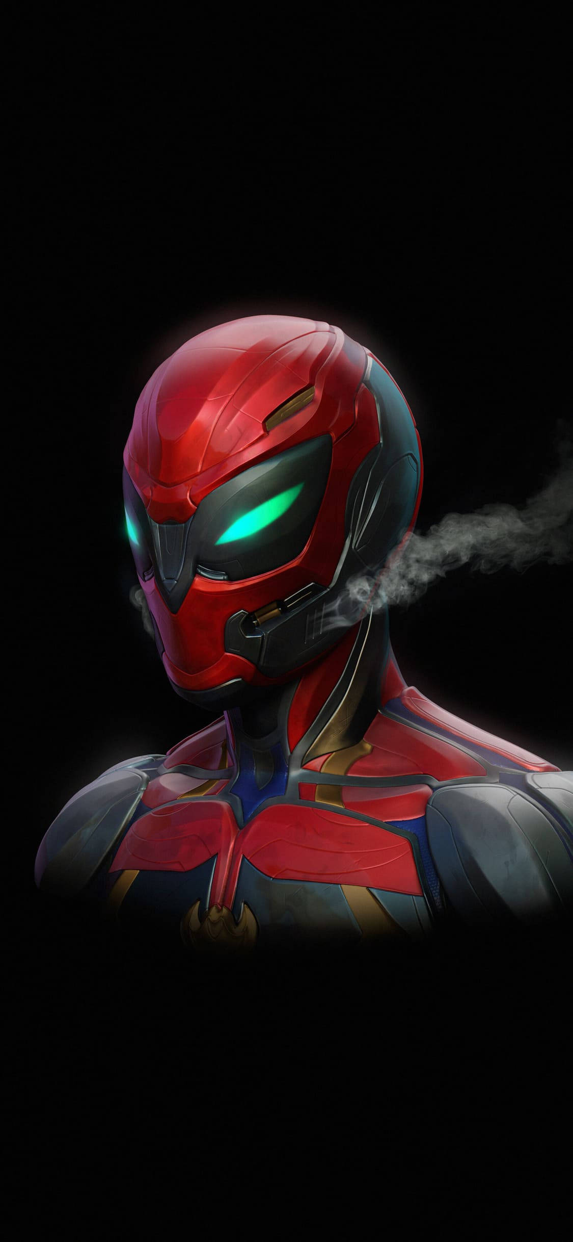 蜘蛛人 桌布 壁紙 — 一個紅色裝甲超級英雄，擁有發光的綠色眼睛，在黑色背景上呼出煙霧。