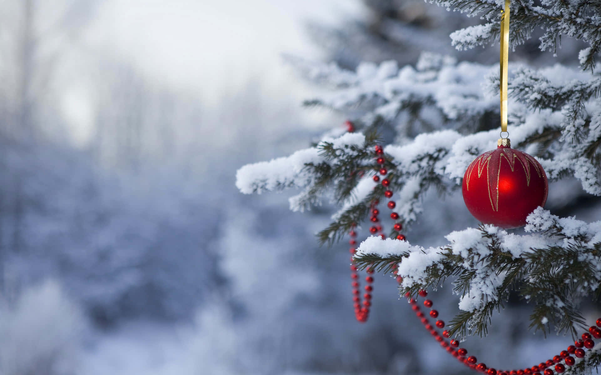Winter Scenery Desktop 桌布 壁紙 — 一個紅色裝飾品和珠串花環從積雪的松樹枝上垂下，背景是柔和的冬季森林。