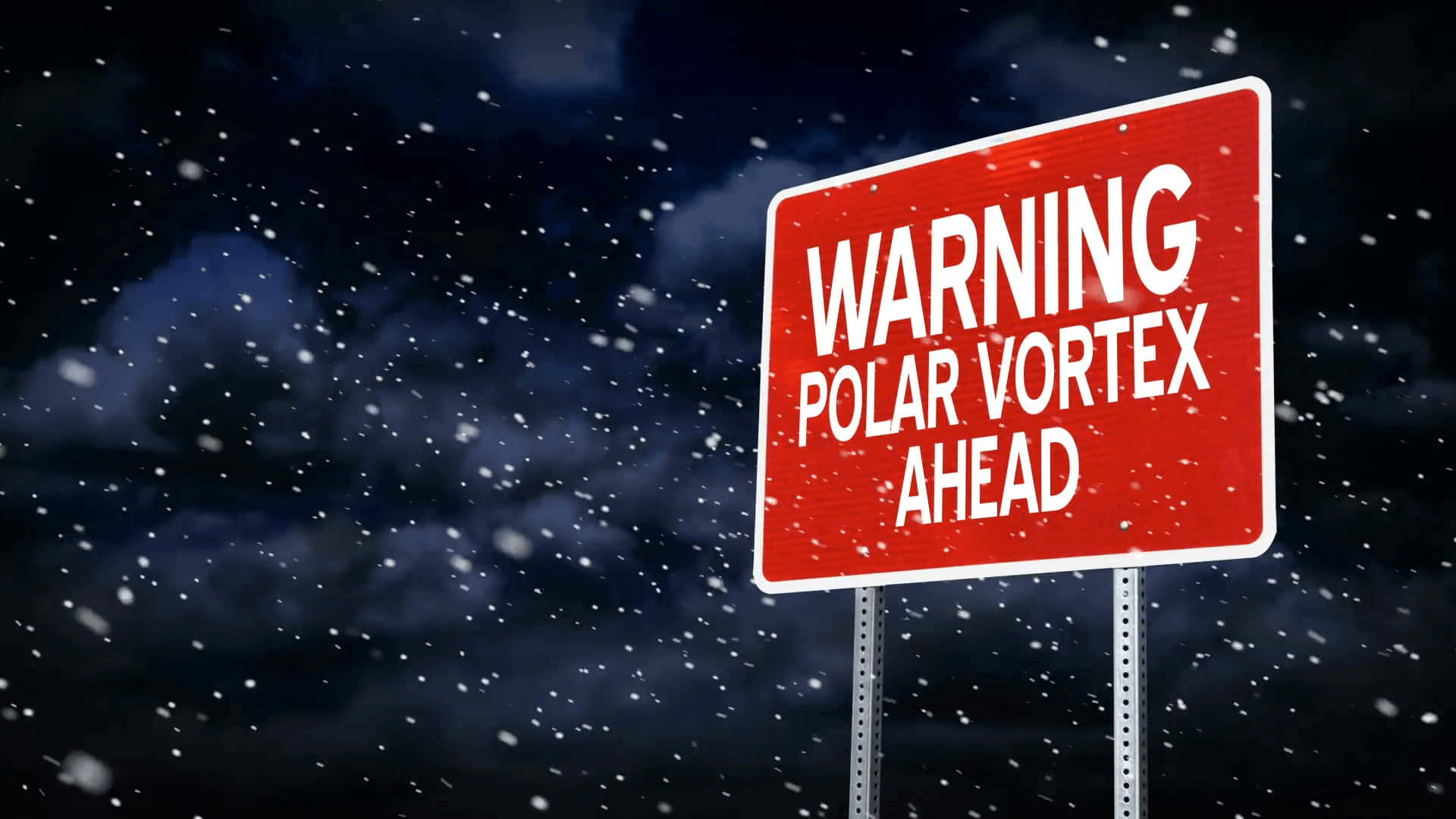 Polar Vortex 桌布 壁紙 — 一個紅色警告牌，上面寫著「警告 極地渦旋在前方」，矗立在雪夜天空下，飄著雪和烏雲。