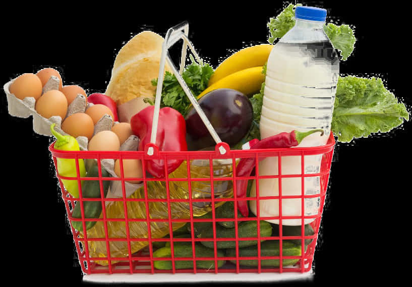 Vegetables 桌布 壁紙 — 一個紅色購物籃，裝滿新鮮食品，包括雞蛋、香蕉、生菜和小黃瓜。