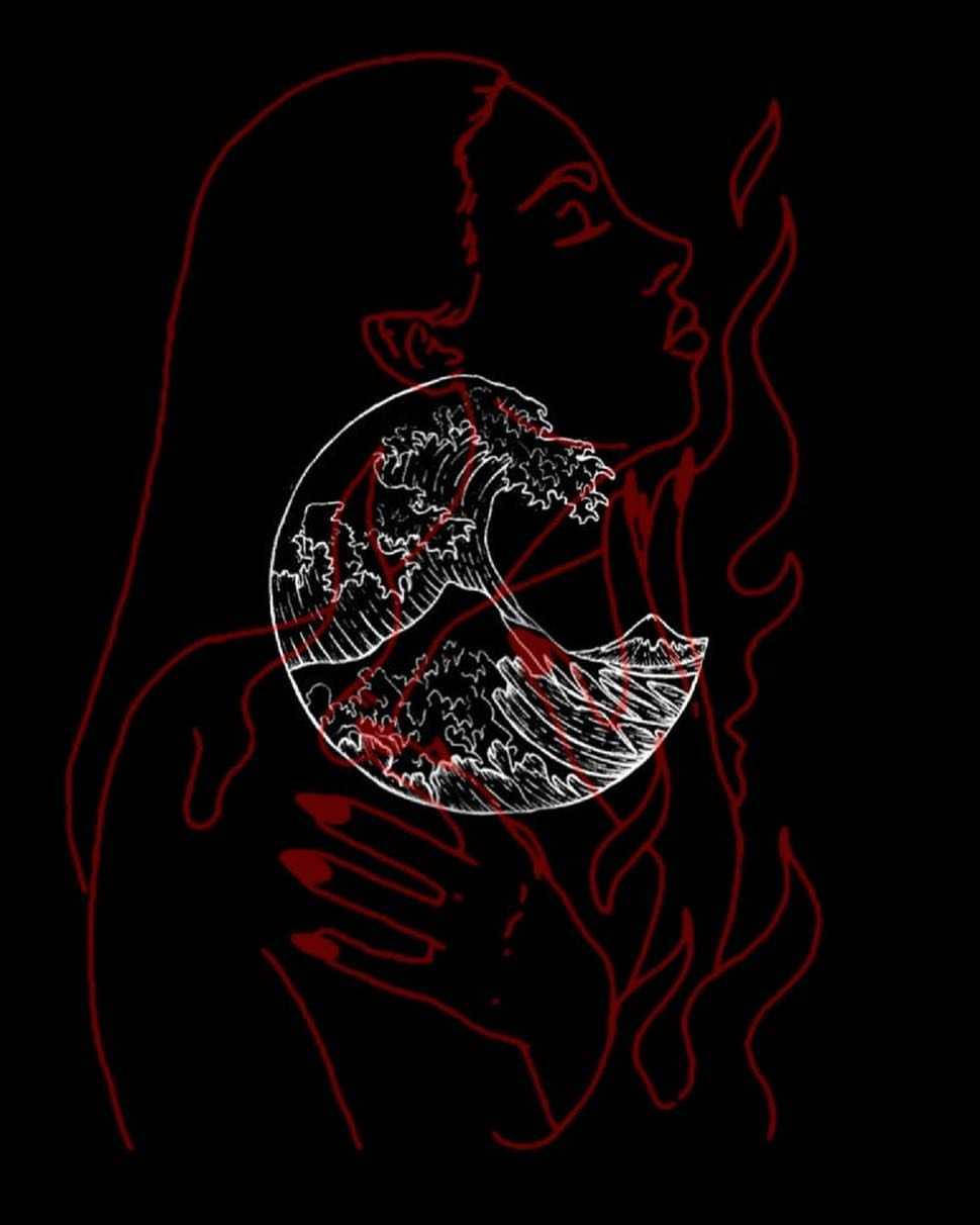 藝術 桌布 壁紙 — 一個紅色輪廓的女性剪影，在黑色背景上懷抱著一個白色圓形波浪插圖。