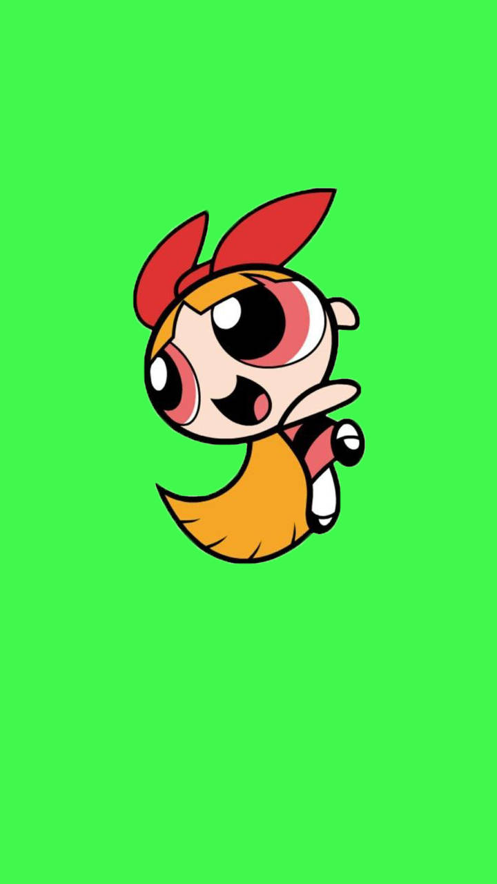 Powerpuff Girls 桌布 壁紙 — 一個紅色雙馬尾、橙色裙的卡通角色在明亮的綠色背景上飛翔。