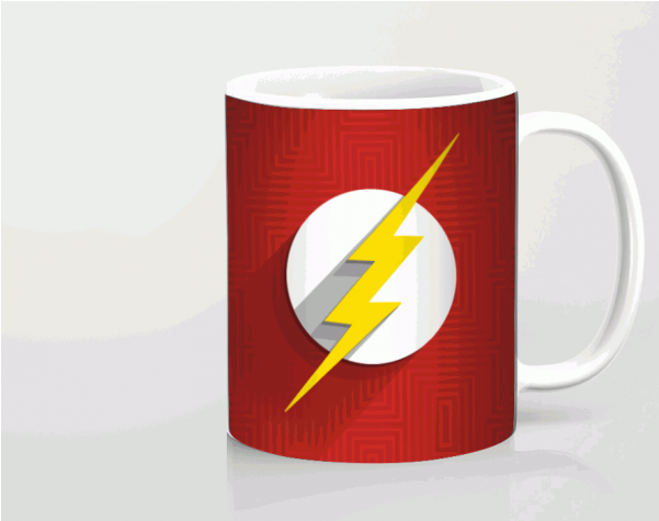 Mug Printing 桌布 壁紙 — 一個紅色馬克杯，白色圓圈內有黃色閃電標誌，背景為細微的電路圖案。