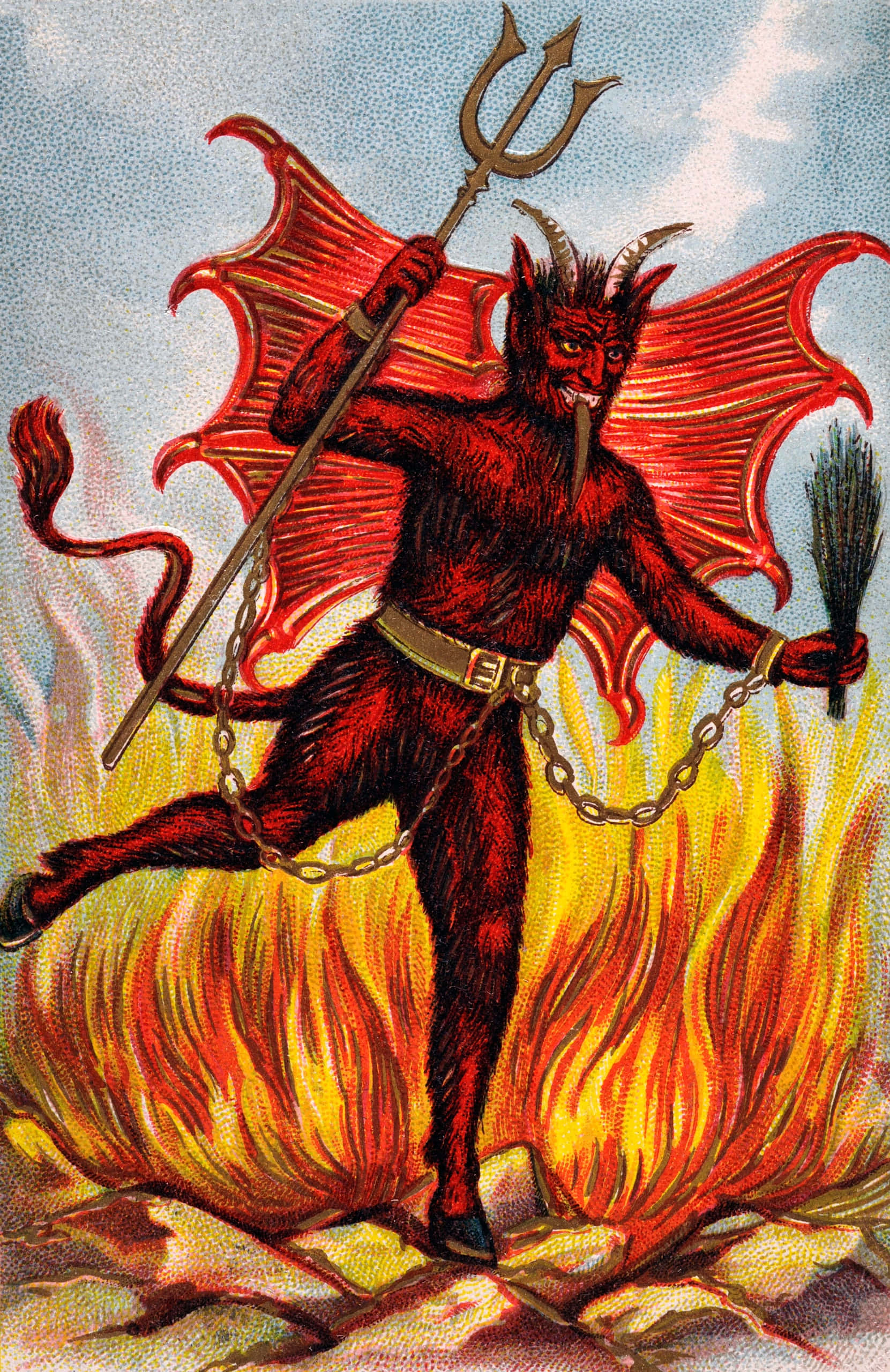 惡魔 桌布 壁紙 — 一個紅色魔鬼，有角、翅膀和尾巴，站在火焰中，手持三叉戟和掃帚。