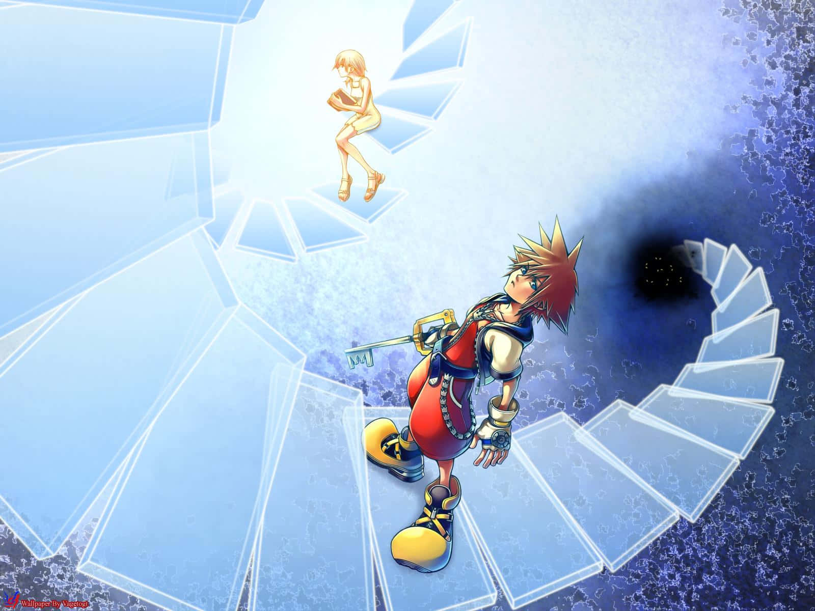 Kingdom Hearts Sora 桌布 壁紙 — 一個紅藍色刺蝟頭動漫男孩站在螺旋玻璃樓梯上，抬頭看著漂浮在黑暗漩渦上方的女孩。