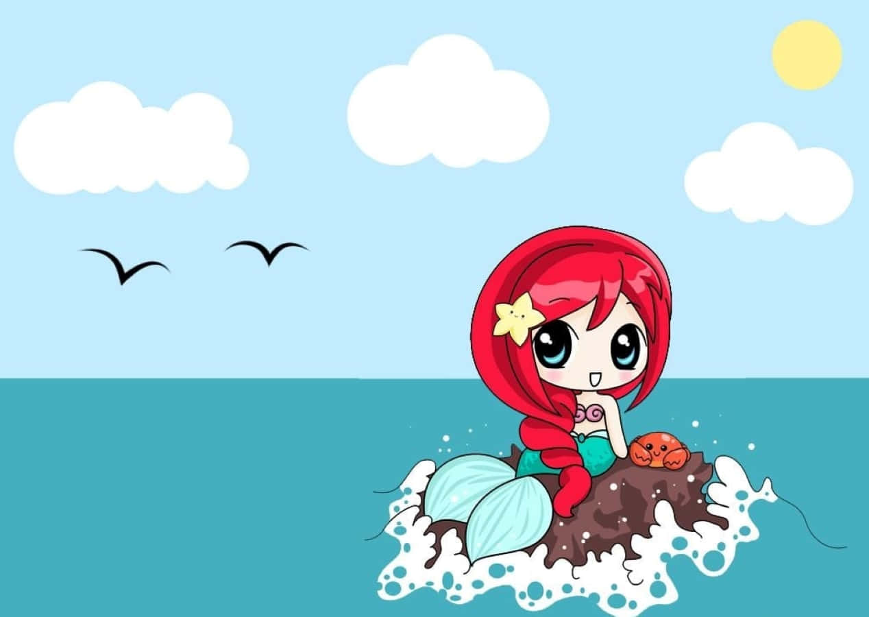 Kawaii Mermaid 桌布 壁紙 — 一個紅髮、帶著海星的Q版美人魚坐在岩石上，身處藍綠色海水中，天空晴朗，有雲和鳥兒。