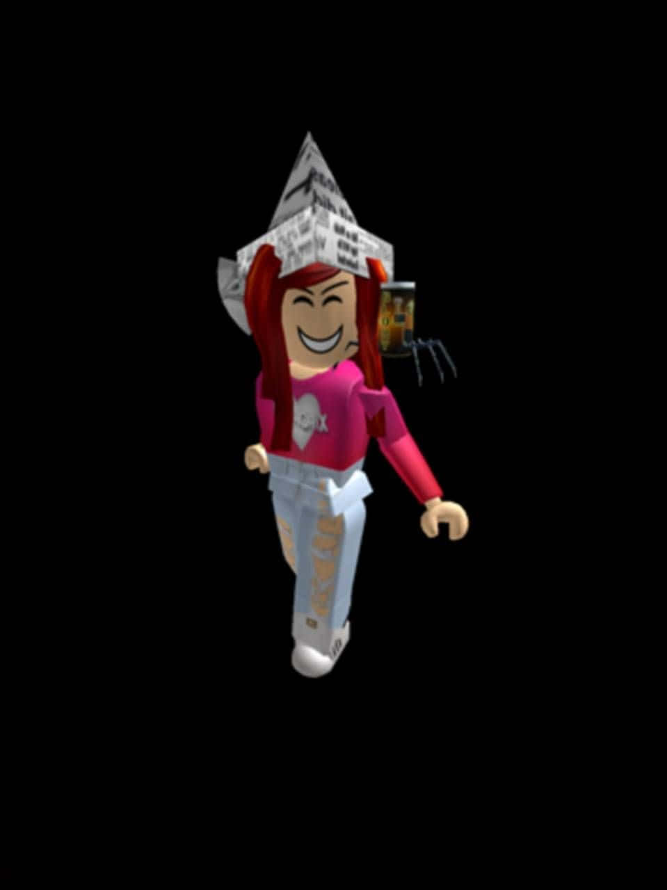 Cute Roblox 桌布 壁紙 — 一個紅髮、戴報紙帽的 Roblox 頭像，在黑色背景前微笑著拿著一個罐子。