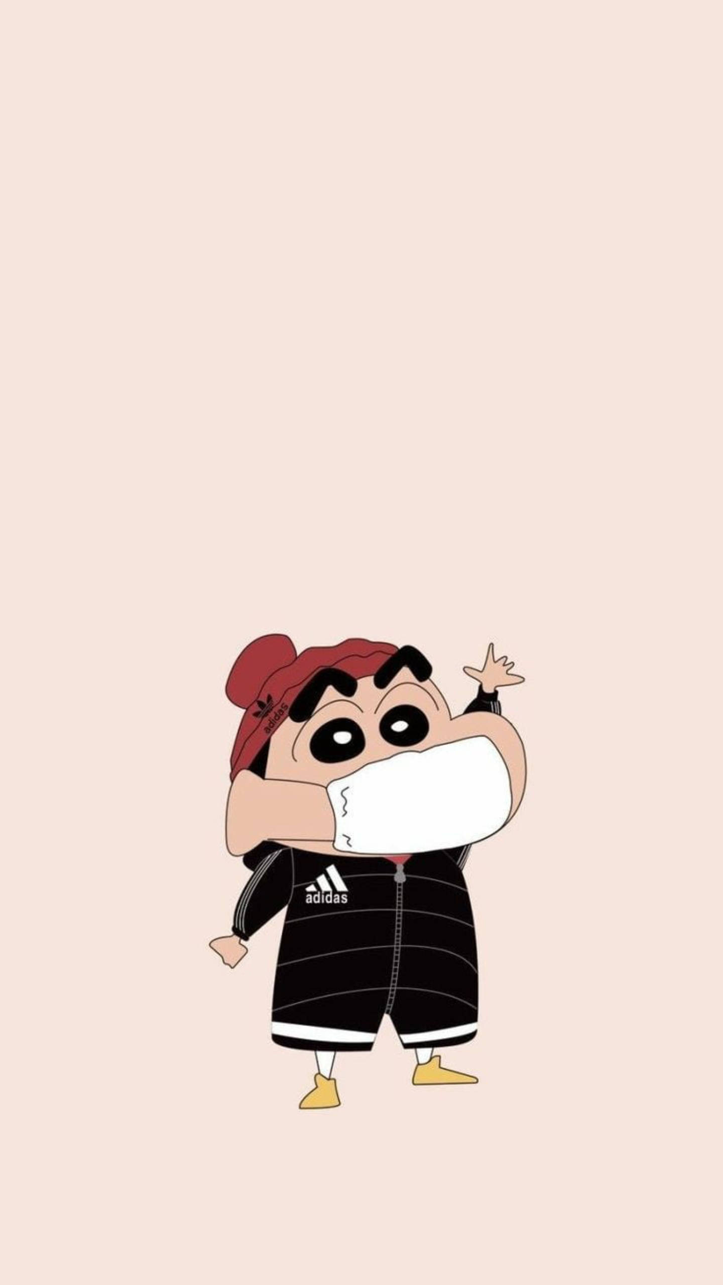 shinchan 桌布 壁紙 — 一個紅髮、戴白色面具的卡通角色在柔和米色背景前愉快地揮手。