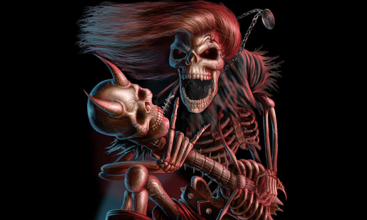 Halloween Music 桌布 壁紙 — 一個紅髮、手持惡魔頭骨的骷髏吉他手在黑色背景前熱情地彈奏吉他。