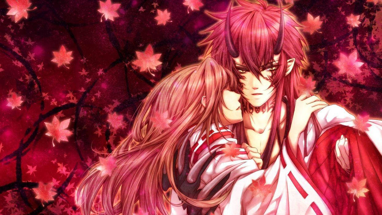 動漫惡魔 桌布 壁紙 — 一個紅髮、有角的動畫惡魔在夜晚發光的櫻花樹下擁抱一個女孩。