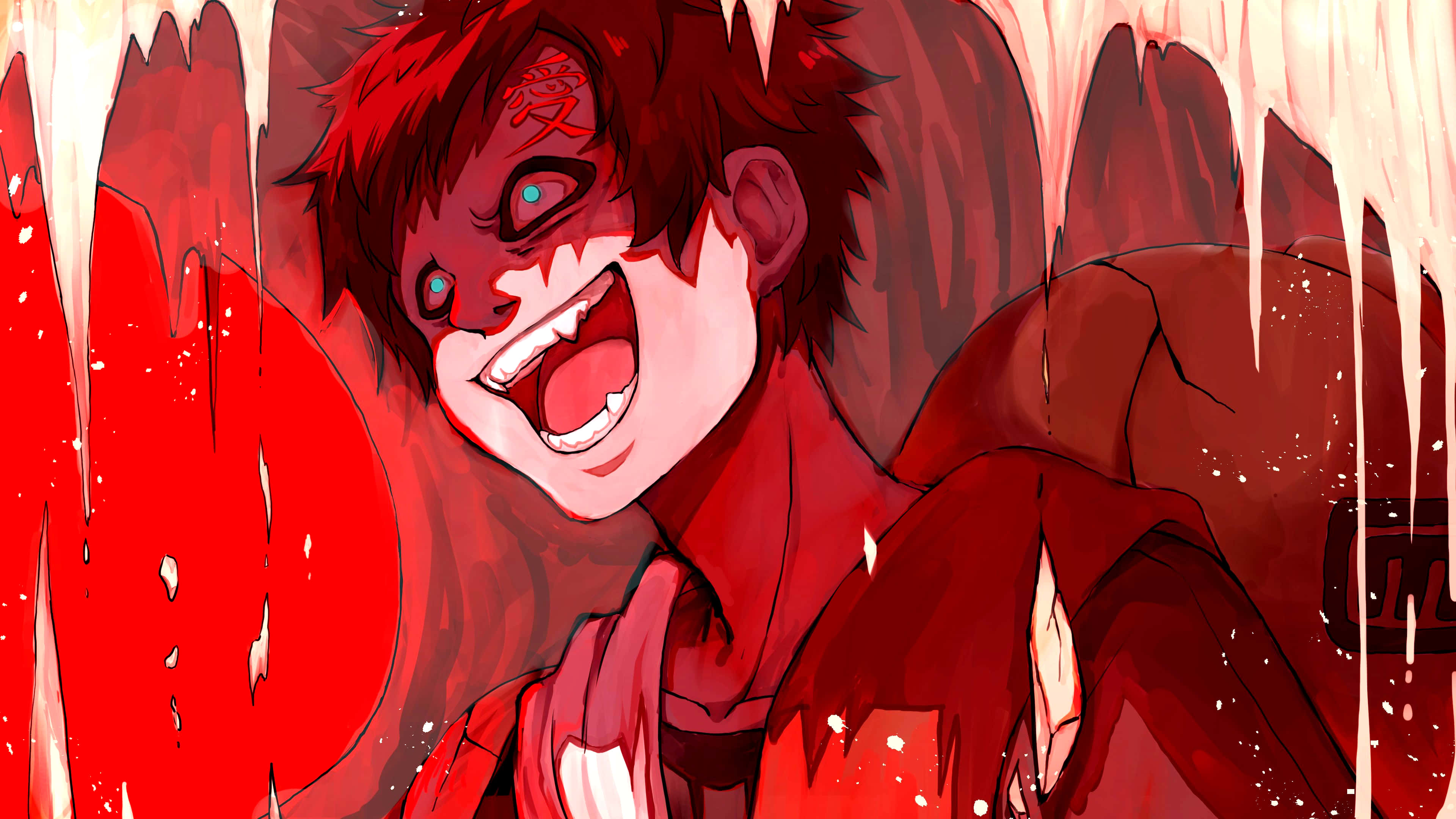 Gaara Naruto Anime 桌布 壁紙 — 一個紅髮、眼睛發光的動漫角色，在滴血的紅色背景前狂笑。