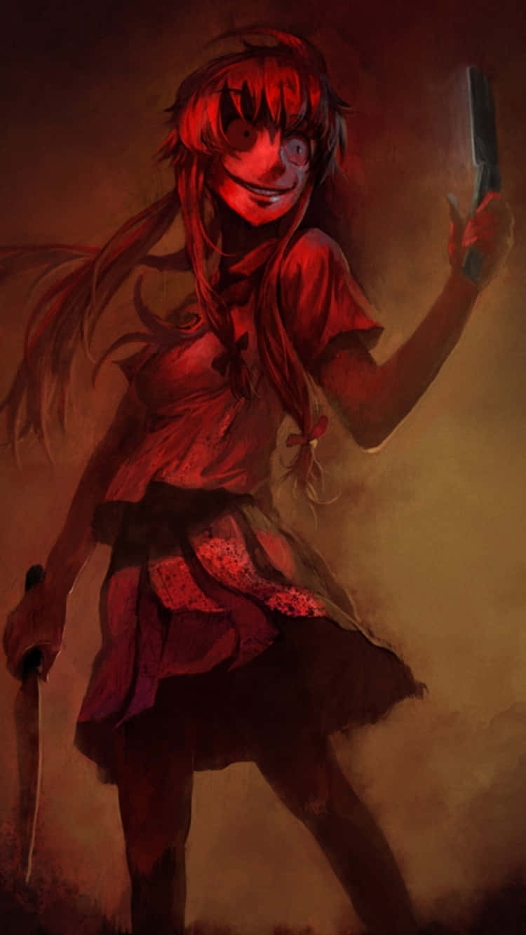 Anime Girl Phone 桌布 壁紙 — 一個紅髮、眼睛發光的威脅性動漫女孩，在昏暗、血跡斑斑的場景中揮舞著兩把刀。