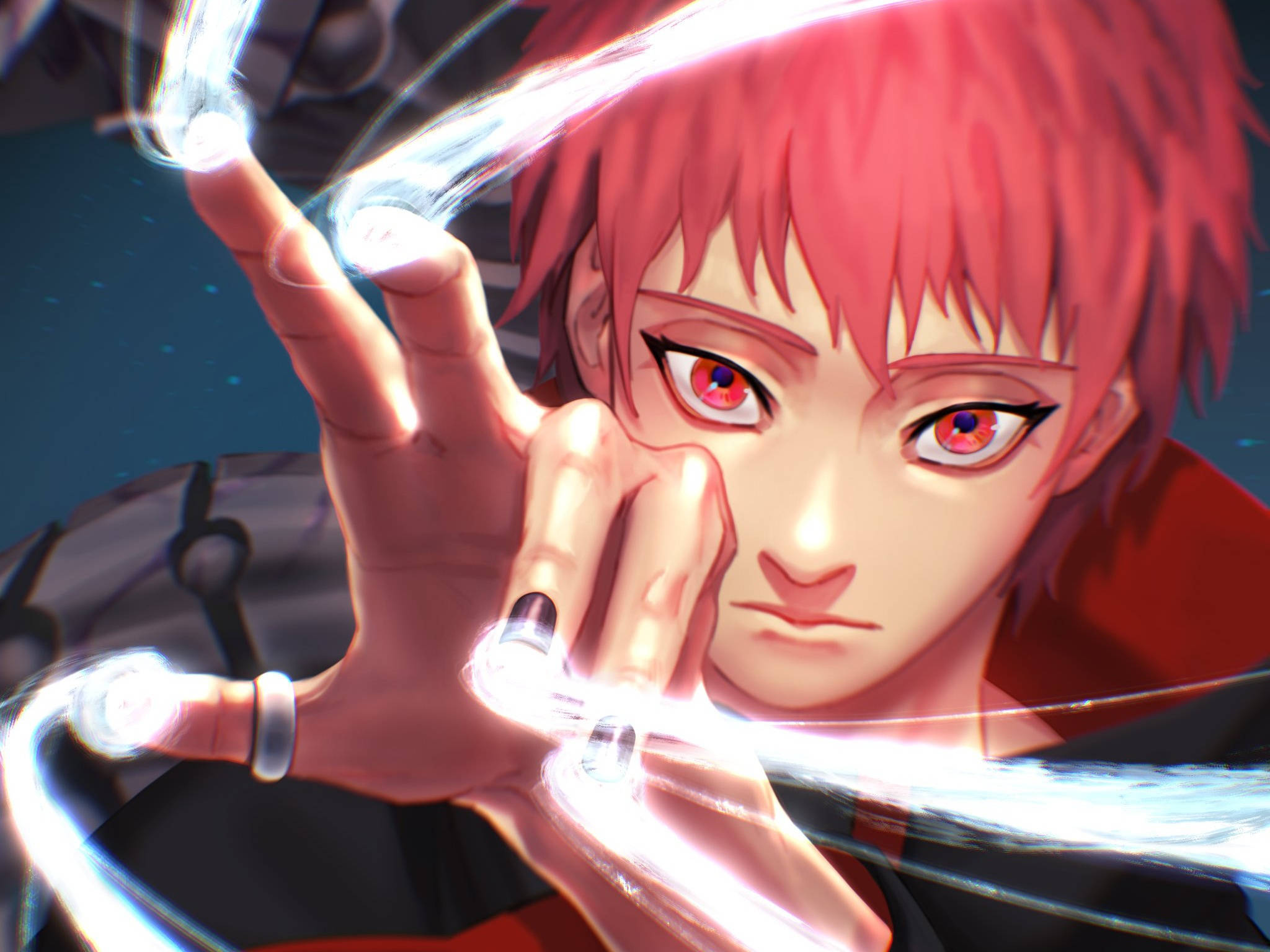 Sasori 桌布 壁紙 — 一個紅髮、眼睛發出紅光的動漫角色，透過伸出的手釋放出明亮的白色能量。