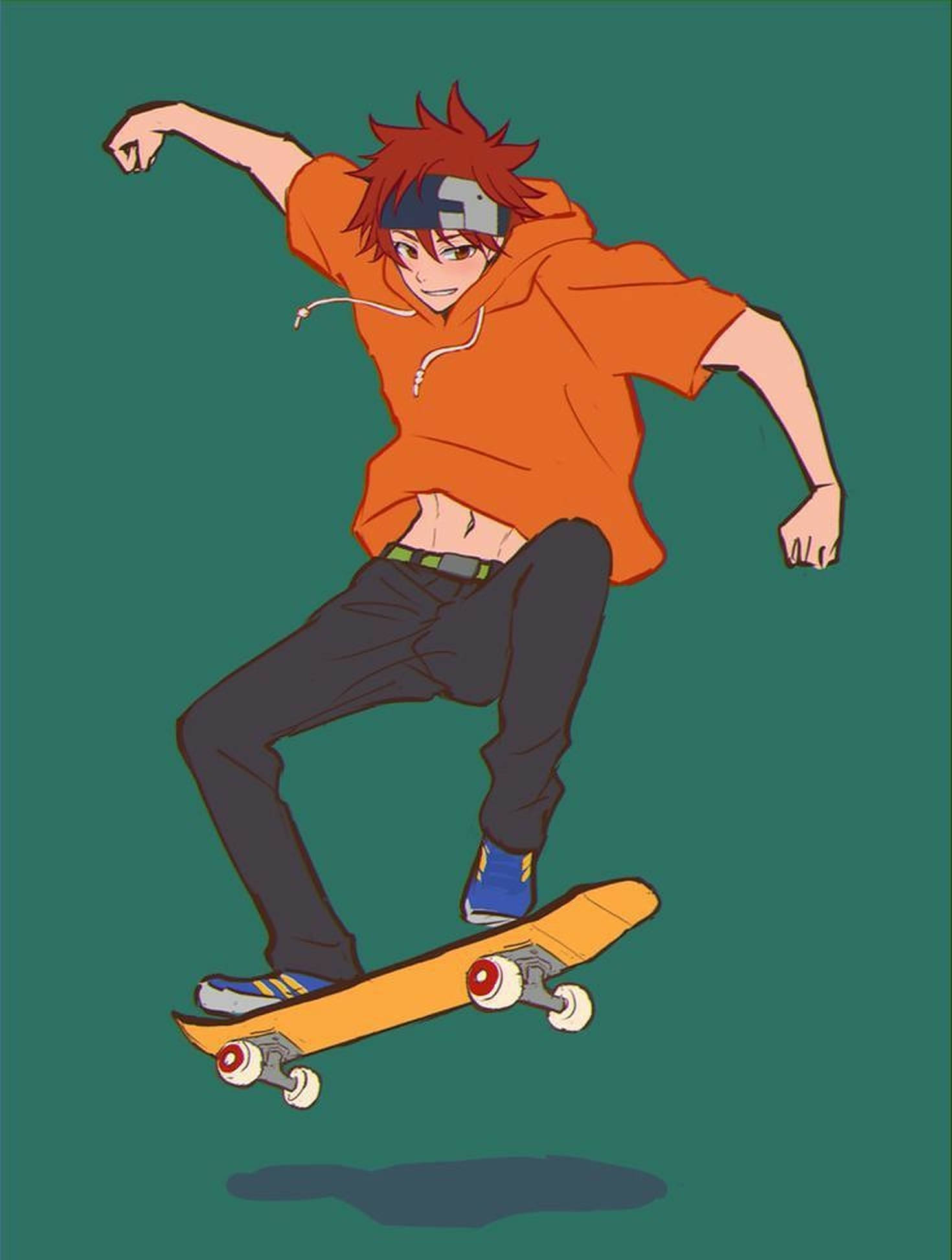 滑板男孩風格 桌布 壁紙 — 一個紅髮、穿著橙色連帽衫的動漫男孩，在純青色背景上表演滑板技巧。